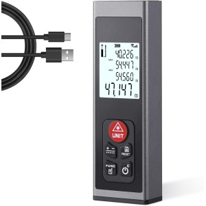 Laser Rangefinder - Hychika Laser Meter Type C Rechargeable 60 m with LCD Backlight M/In/Ft with Multiple Measuring Modes such as Pythagoras/Distance/Area/Volume Measurements