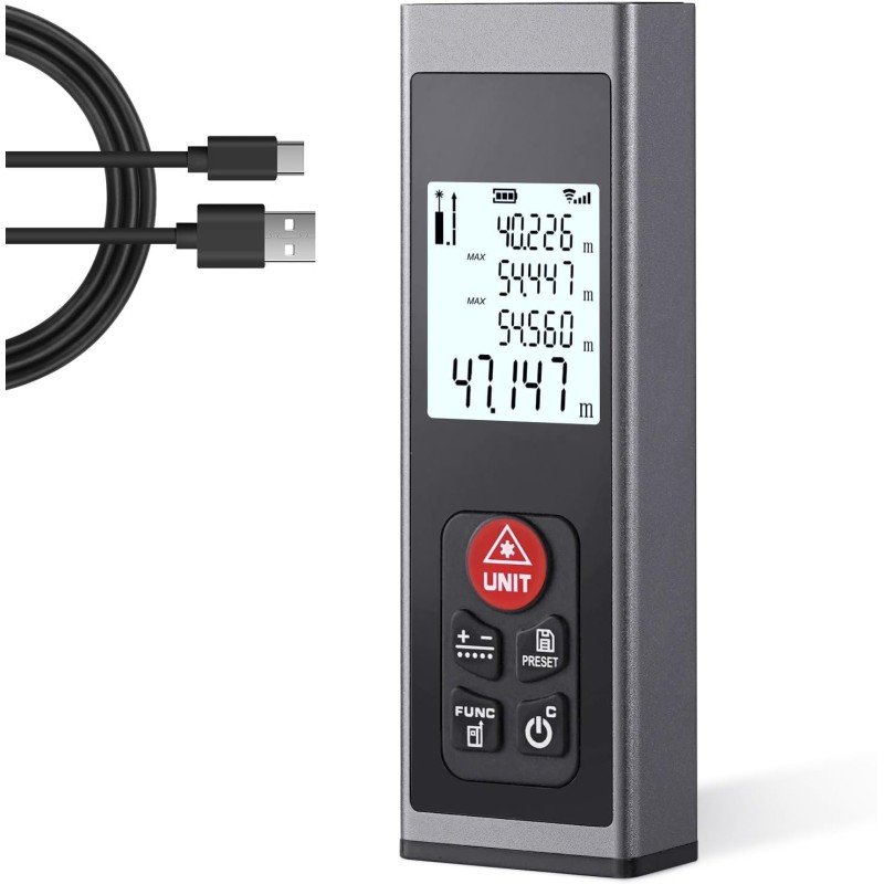Laser Rangefinder - Hychika Laser Meter Type C Rechargeable 60 m with LCD Backlight M/In/Ft with Multiple Measuring Modes such as Pythagoras/Distance/Area/Volume Measurements