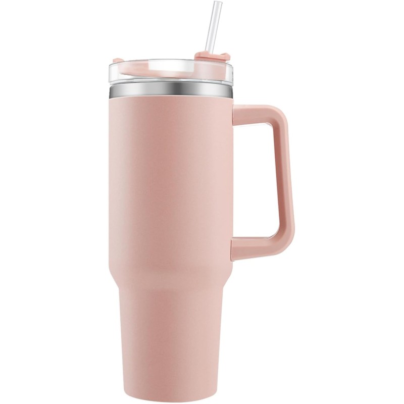 40 oz Double-Walled Stainless Steel Vacuum Insulated Mug 1200 ml Tumbler Drinking Cup with Handle Straw Insulated Coffee Mug Car Mug Travel Mug Thermal Mug for Cold Hot Drinks Pink