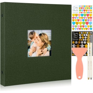 Benjia Self-Adhesive Photo Album, Linen White Pages, DIY Photo Album with Sticker & Metallic Pen for 9 x 13 10 x 15 13 x 18 A4 A5 A6 (Small 20 Sheets / 40 Pages, Green)
