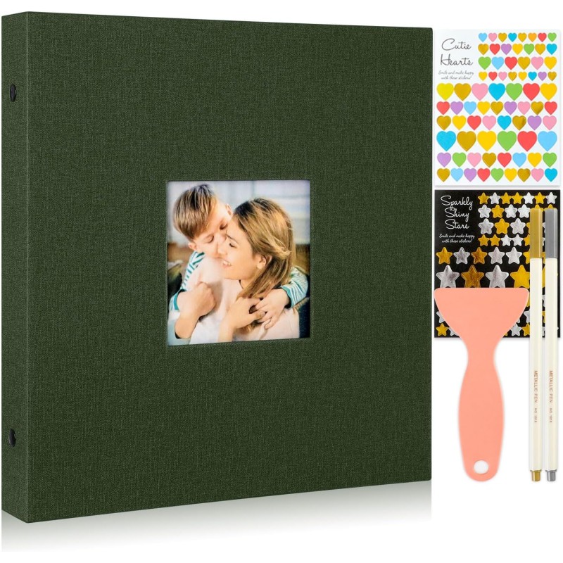 Benjia Self-Adhesive Photo Album, Linen White Pages, DIY Photo Album with Sticker & Metallic Pen for 9 x 13 10 x 15 13 x 18 A4 A5 A6 (Small 20 Sheets / 40 Pages, Green)