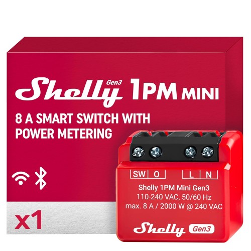 Shelly 1PM Mini Gen3 | WLAN Smart Relay Switch | 1 канал 8A | Измерване на тока | Вграден ключ за осветление | Alexa и Google Home | Домашна автоматизация | iOS Android приложение | Не се изисква хъб