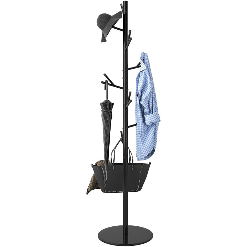 BAKAJI New York Clothes Rack with 16 Hooks, Space Saving Clothes Rack with 16 Hooks, Freestanding Clothes Rack for Entryway and Living Room, Ideal for Coats, Hats, Bags (Black)