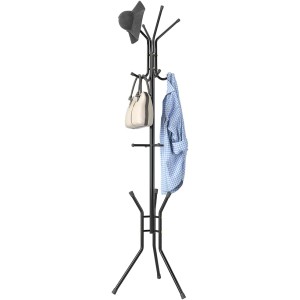 BAKAJI Oslo Clothes Rack Space Saving with 12 Hooks Freestanding Clothes Rack for Entryway and Living Room Ideal for Coats, Hats, Bags (Black)