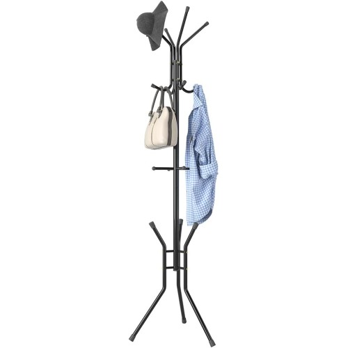 BAKAJI Oslo Clothes Rack Space Saving with 12 Hooks Freestanding Clothes Rack for Entryway and Living Room Ideal for Coats, Hats, Bags (Black)