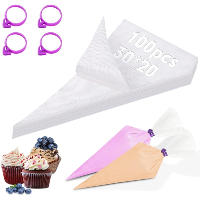 Ziamzra Disposable Piping Bags, Medium, Pack of 100, Professional Disposable Piping Bags, Transparent Piping Bags, Professional with 4 Purple Silicone Piping Bag Clips for Pastries, Cakes, Cupcakes,