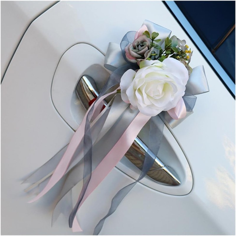 Pmnzdy 4pcs Car Bows Wedding Artificial Flower Car Decoration Rear View Mirror Door Handle Flower Bow Decoration Simulation Flower Wedding Car Decoration Car Bows for Wedding Party Grey
