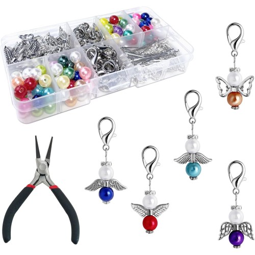 LUBOXIN 50 Sets Guardian Angel Craft Beads Set Guardian Angel Key Ring Make Your Own Angel Craft Set Guardian Angel Charms Pearl Angel Key Ring for DIY Wedding Gifts Crafts