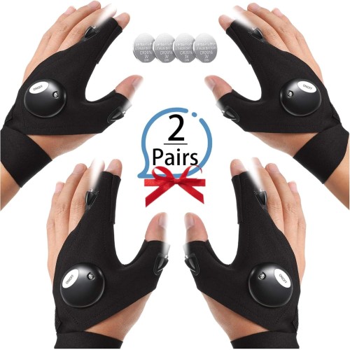 2 Pairs LED Gloves - Fishing Camping Repairs - Original Gift for Men - Handsfree with Torch - Batteries Included