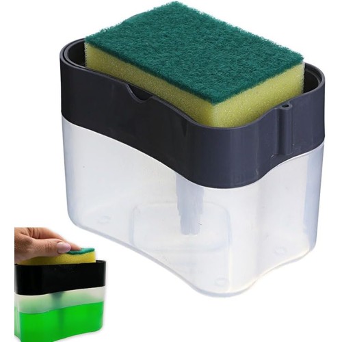 Esforzarse Soap Dispenser for Kitchen, Soap Dispenser and Sponge Holder with Sponge, 14 x 11 x 9 cm Manual Press Detergent Dispenser for Home Sink Hotel Bathroom