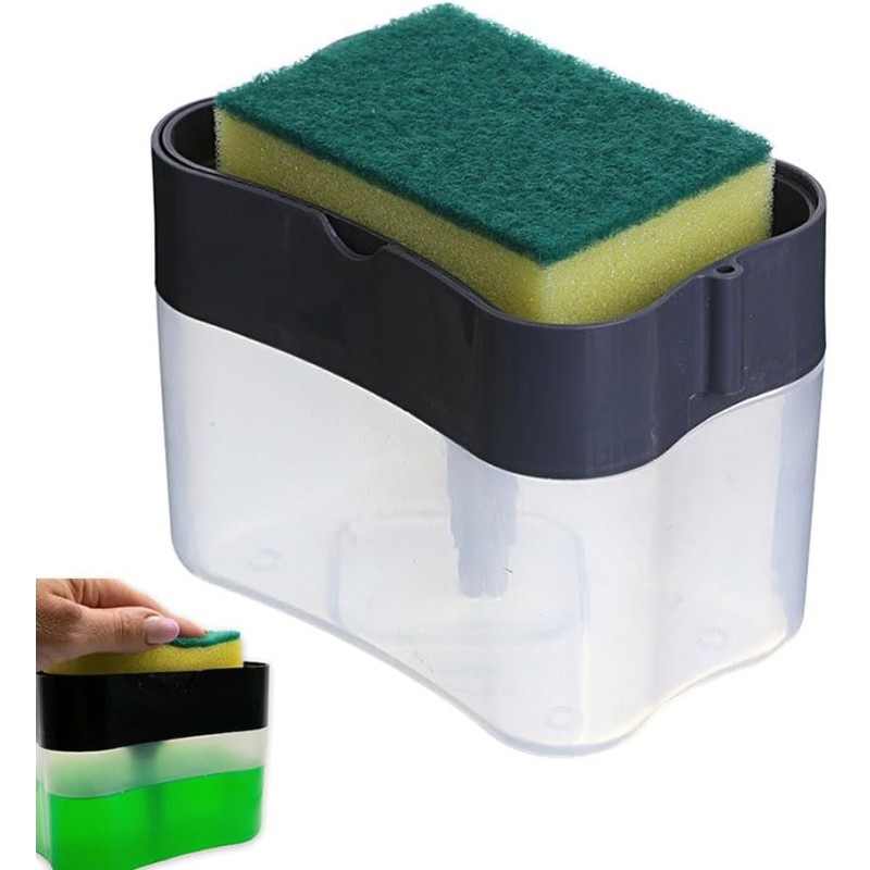 Esforzarse Soap Dispenser for Kitchen, Soap Dispenser and Sponge Holder with Sponge, 14 x 11 x 9 cm Manual Press Detergent Dispenser for Home Sink Hotel Bathroom