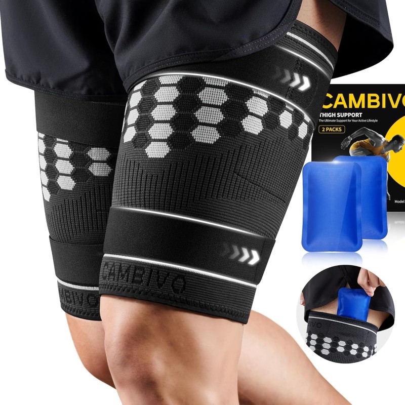 CAMBIVO Thigh Brace Pack of 2, Thigh Rub Protection Compression with Hot & Cold Gel Pack, with Adjustable Non-Slip Straps, Thigh Bands for Sports Protection