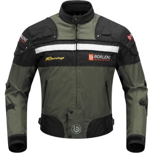 BORLENI Men’s Motorcycle Jacket, Winter Motorcycle Jacket, Textile, Windproof with Removable Lining, Protectors, Protection Jacket for Scooter, Biker, Touring, 4 Seasons, Men and Women, Olive, XXL