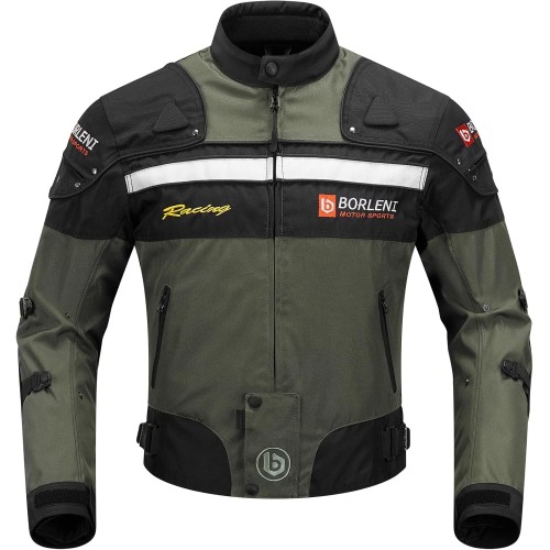 BORLENI Men’s Motorcycle Jacket, Winter Motorcycle Jacket, Textile, Windproof with Removable Lining, Protectors, Protection Jacket for Scooter, Biker, Touring, 4 Seasons, Men and Women, Olive, XXL