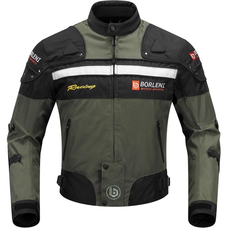 BORLENI Men’s Motorcycle Jacket, Winter Motorcycle Jacket, Textile, Windproof with Removable Lining, Protectors, Protection Jacket for Scooter, Biker, Touring, 4 Seasons, Men and Women, Olive, XXL