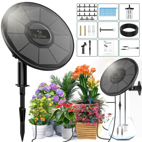 TRJZWA Solar Irrigation System, Automatic Drip Irrigation Kit for Balcony, Garden, Irrigation System with Water Level Detection, Solar Irrigation for 15 Potted Plants with 15 m Water Hose