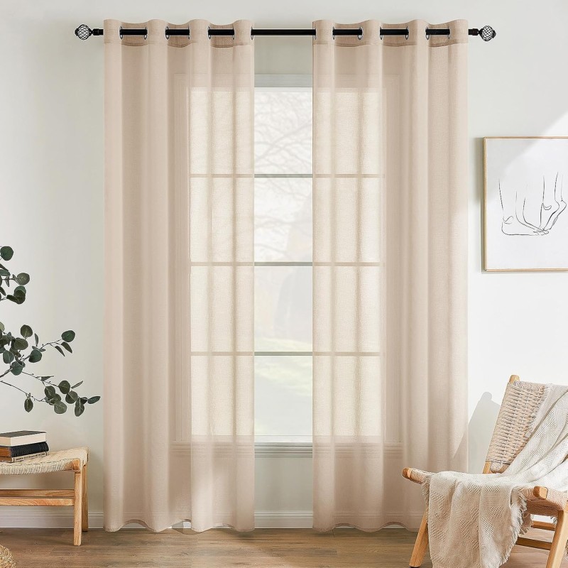 Emema Set of 2 Sheer Voile Curtains with Eyelets, Transparent Voile, Polyester, Eyelet Curtain, Living Room, Airy, Decorative Curtain for the Bedroom, 140 x 122 cm (W x H), Beige