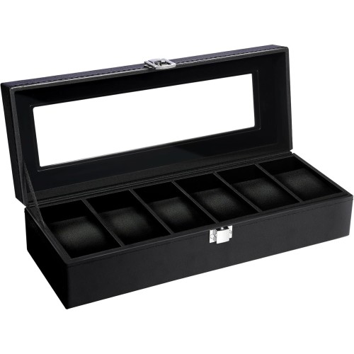 Uten Watch Box for 6 Watches, Men's Watch Box with Glass Lid, Black Lining, Removable Padding, Metal Buckle, Jewellery Box for Men and Women Watches