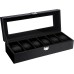 Uten Watch Box for 6 Watches, Men's Watch Box with Glass Lid, Black Lining, Removable Padding, Metal Buckle, Jewellery Box for Men and Women Watches