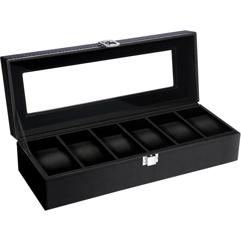 Uten Watch Box for 6 Watches, Men's Watch Box with Glass Lid, Black Lining, Removable Padding, Metal Buckle, Jewellery Box for Men and Women Watches