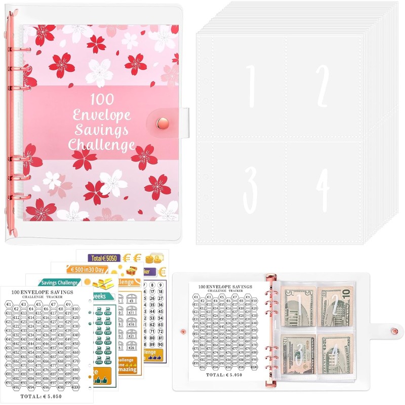 100 Envelope Saving Challenge, Budget Planner A5 Ring Binder with Challenge Tracker & Pre-Numbered Money Compartments, Budget Binder for Money Saving Challenge