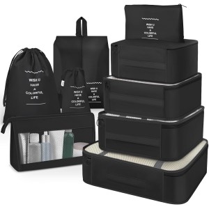 OBSGUMU Suitcase Organiser Set, 9 Pieces Packing Cubes for Travel, Packing Bags for Suitcases, Travel, Clothes Bags, Packing Cubes with Cosmetic Bag, Packing Cube for Travel Utensils (Black)