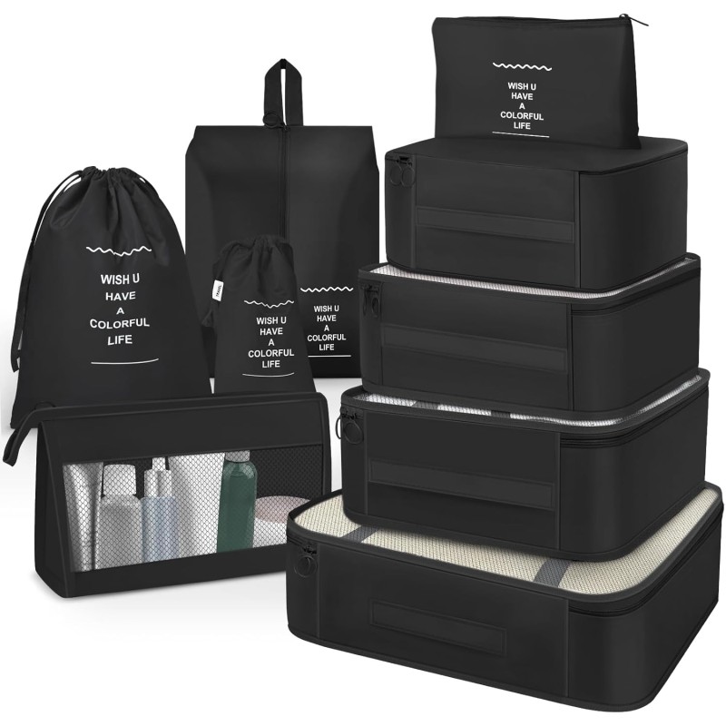 OBSGUMU Suitcase Organiser Set, 9 Pieces Packing Cubes for Travel, Packing Bags for Suitcases, Travel, Clothes Bags, Packing Cubes with Cosmetic Bag, Packing Cube for Travel Utensils (Black)