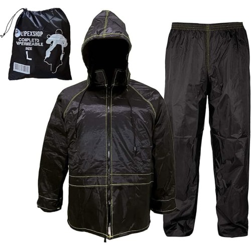Auto Accessori Lupex - Rain Suit Waterproof Windproof Colour Black Set of Rain Jacket and Rain Trousers with Retractable Hood with Carry Bag Unisex Men Women
