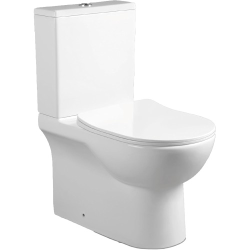 BAIKAL T9 Compact Floor Mounted Ceramic Toilet with Rimless System and Monobloc Cistern with Dual Flush Mechanism, Complete with Dual Outlet and Soft Close Seat