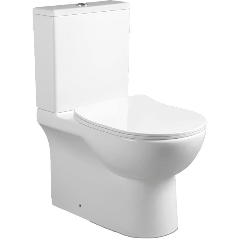 BAIKAL T9 Compact Floor Mounted Ceramic Toilet with Rimless System and Monobloc Cistern with Dual Flush Mechanism, Complete with Dual Outlet and Soft Close Seat