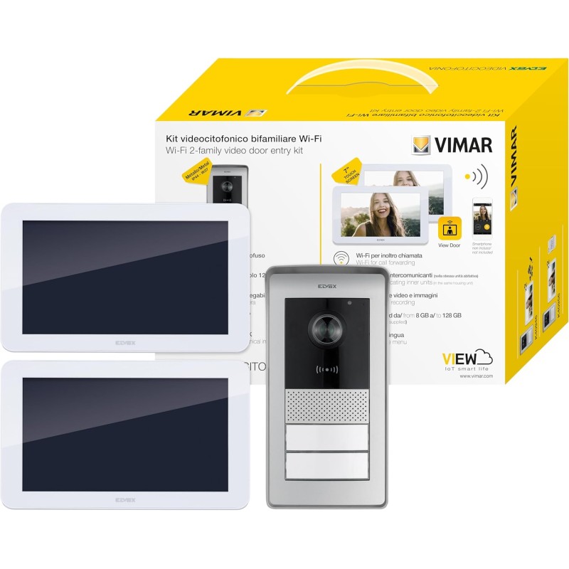 VIMAR K42946 Video Call Alert Set Includes Hands-Free Touchscreen Video House Telephone LCD 7 Inch, WiFi Connection, 2 Button RFID Bell Board, Power Supply with Interchangeable Plugs EU BS US AU 2