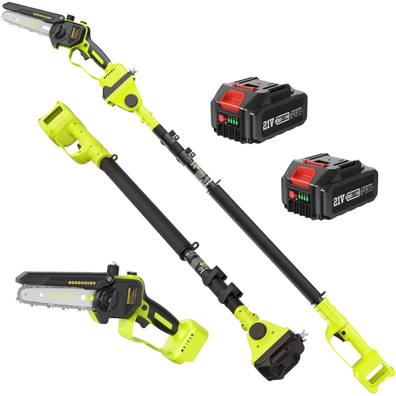 Supstable Cordless Pruner, 6 Inch Mini Battery Chainsaw with Extension up to 4.6 m, Electric Pruning Saw Telescopic with 2 x 4000 mAh Battery & Charger, Motor Head 180° Swivel, Suitable for Gardening