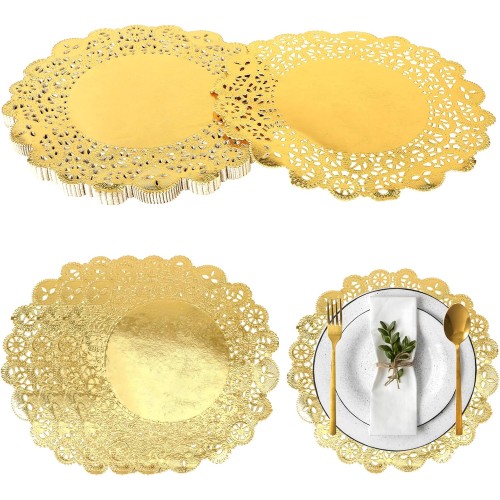Mozeat Lens Cake Topper, Round Gold Paper Doilies, Pack of 100, 7.5 Inch Paper Tables, ETS Lace Paper Doilies, Decorative Doily for Dining Table, Cake, Dessert, Party, Wedding, Tableware, Christmas