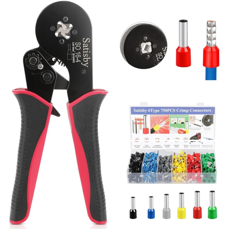 Satisby 16 mm Wire End Ferrules Crimping Tool Set 0.08-16 mm² Wire End Ferrule Pliers Self-Adjusting Crimping Pliers & 750 Pieces 16 mm² Wire End Ferrules Crimping Pliers Crimping Pliers Set