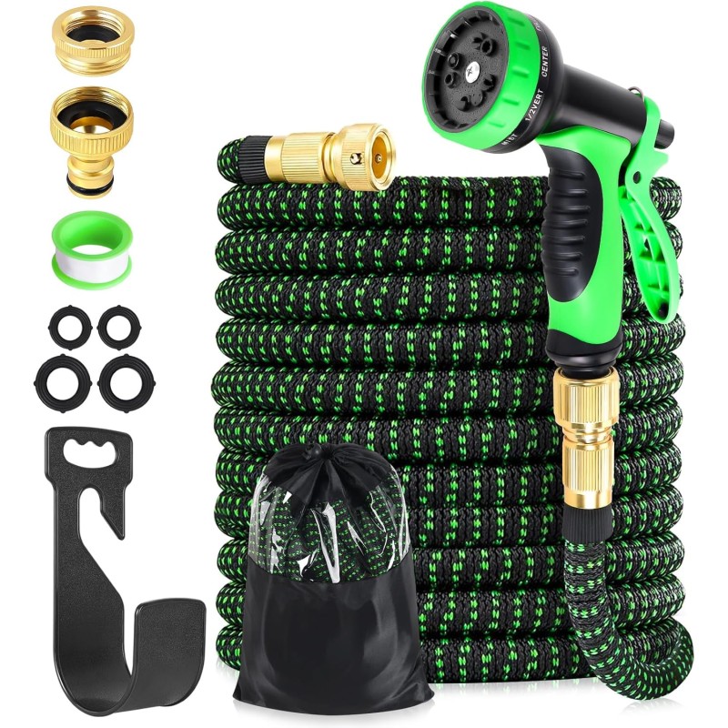 Flexible Garden Hose 15 m 50 ft, Garden Hose Flexible with 10 Spray Patterns, Water Hose Stretchable 1/2 Inch 3/4 Inch Adapter, Kink-Free Flexible Hose Garden Hose for Garden Pet Car Wash