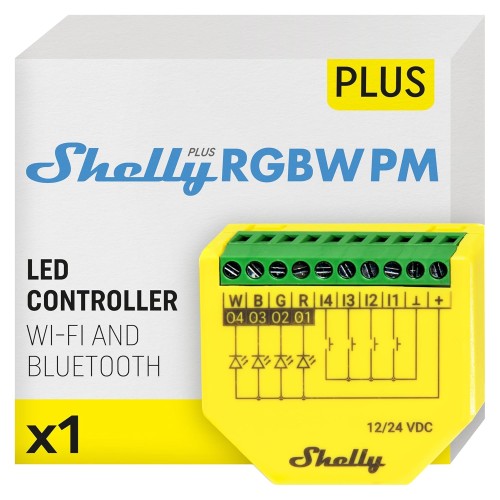 Shelly Plus RGBW PM - WLAN Controller for LED Strips, 12-24 VDC, 3 Lighting Profiles, Power Measurement, Dimmer for White or Coloured Light, No Hub Required, Alexa & Google Home