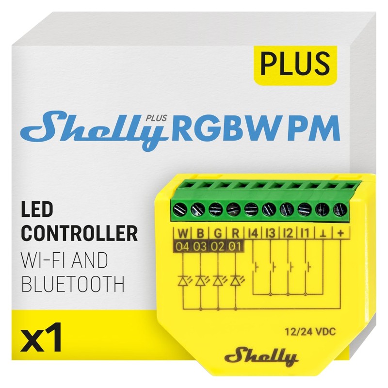 Shelly Plus RGBW PM - WLAN Controller for LED Strips, 12-24 VDC, 3 Lighting Profiles, Power Measurement, Dimmer for White or Coloured Light, No Hub Required, Alexa & Google Home