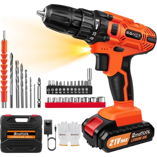 Cordless Drill 21V Electric Screwdriver with 45Nm 25+1 Torque Settings 29 Pieces Accessories LED Light Drill Set with Safety Lock with Carry Case (Orange)