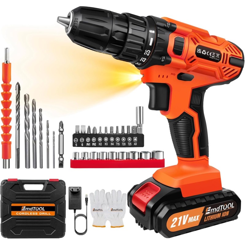 Cordless Drill 21V Electric Screwdriver with 45Nm 25+1 Torque Settings 29 Pieces Accessories LED Light Drill Set with Safety Lock with Carry Case (Orange)