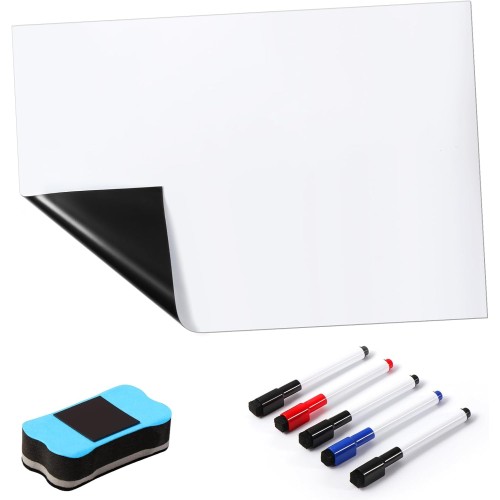 Blendura A3 Magnetic Whiteboard Film, Magnetic Board Fridge with 5 Whiteboard Pens, Sponge, DIY Magnetic Whiteboard for School, Office and Home, White, magnetic board fridge