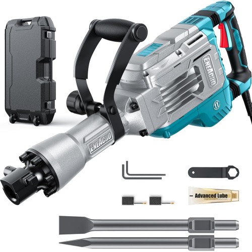 ENEACRO Demolition Hammer 1700 W SDS Hex Mortising Hammer, 65 Joules Heavy Duty Concrete Breaker, Anti-Vibration Handle, 2 Pieces Chisel and Transport Box with Wheels
