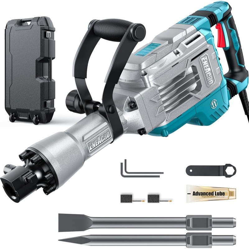 ENEACRO Demolition Hammer 1700 W SDS Hex Mortising Hammer, 65 Joules Heavy Duty Concrete Breaker, Anti-Vibration Handle, 2 Pieces Chisel and Transport Box with Wheels