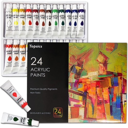 Topsics Acrylic Paint Set 24 Colours, 24 Tubes 12 ml Non-Toxic Acrylic Paint Set for Beginners, Artists, Perfect for Canvas, Wood, Fabric