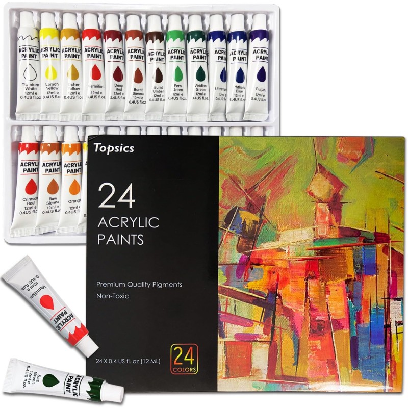 Topsics Acrylic Paint Set 24 Colours, 24 Tubes 12 ml Non-Toxic Acrylic Paint Set for Beginners, Artists, Perfect for Canvas, Wood, Fabric
