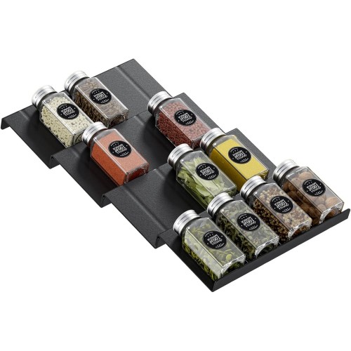 Famhap Pack of 4 Spice Rack for Drawers, Spice Drawer Insert, 4 Tier Drawer Organiser System, Organiser for Kitchen, Worktop, Cabinet, Shelf, Black