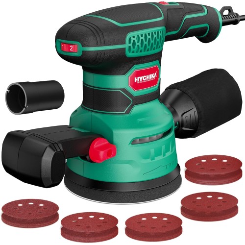 HYCHIKA 450 W Random Orbital Sander 125 mm, 6 Speeds 6000-12000OPM, Efficient Dust Collection System, with 20 Pieces 8-Hole Sandpaper, Ideal for Sanding Metal, Wood etc