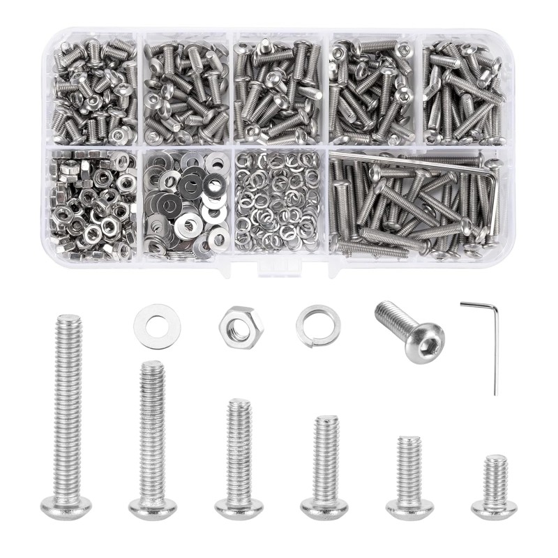 500 Piece M3 Screws and Nuts Set, Hexagonal Screws Stainless Steel M3 x 6 M3 x 8 M3 x 10 M3 x 12 M3 x 16 M3 x 20 with Hex Key