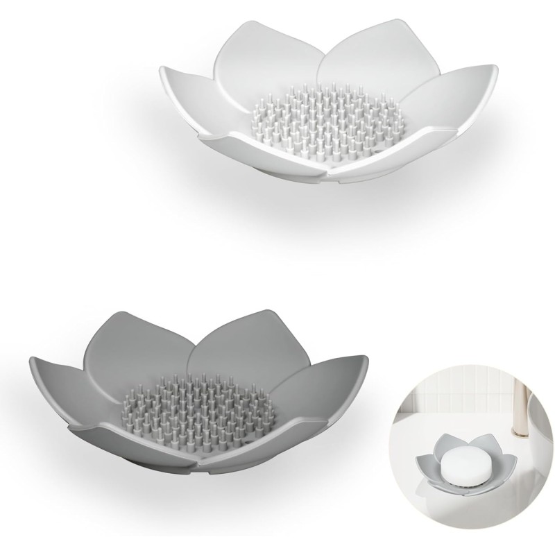 YoHyien Pack of 2 Silicone Soap Dish with Drain, Self-Draining Soap Dish Shower, Soap Holder Sink, Soap Dishes for Bathroom, Kitchen, Keeps Soap Dry (White + Grey)