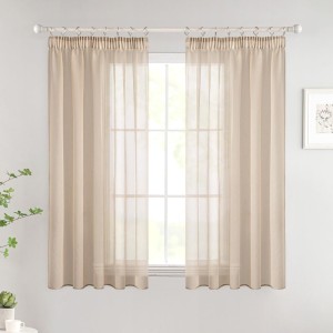 Woaboy Curtains with Ruffle Tape, Short Window Voile Curtains, Living Room, Transparent Sheer Curtains, Store Curtain, Bedroom, Modern Loop Curtains, Set of 2, 140 x 137 cm (W x H), Beige