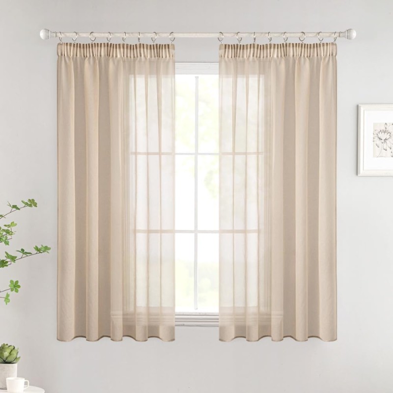 Woaboy Curtains with Ruffle Tape, Short Window Voile Curtains, Living Room, Transparent Sheer Curtains, Store Curtain, Bedroom, Modern Loop Curtains, Set of 2, 140 x 137 cm (W x H), Beige